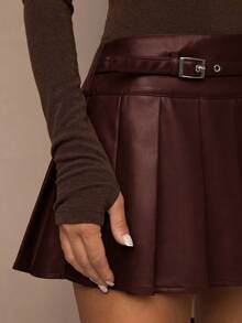 SHEIN BAE Women's Solid Color Waist Buckle Design Pleated PU Leather Fashion Mini Skirt,Brown Skirt - Chocolate Brown - View 3
