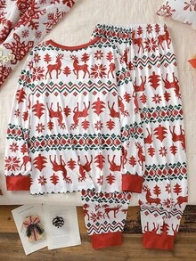 SHEIN 1 套加大码女式圣诞睡衣，酒红色圆领长袖上衣，带有驯鹿、雪花和几何印花，配套裤子，柔软弹力针织面料，可机洗，穿着舒适，家庭配套舒适服装（5 套单独出售）冬季家庭圣诞配套睡衣套装，秋季服装 - 彩色 - 查看 2