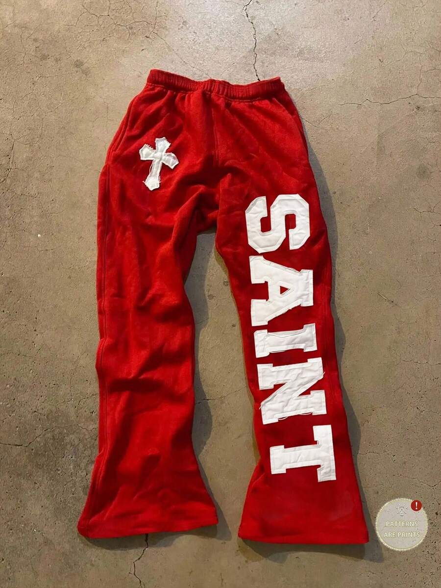 INAWLY Women's Elastic Waist Cross & Letter Applique Casual Pants, Fashion & Versatile - Grey - View 1