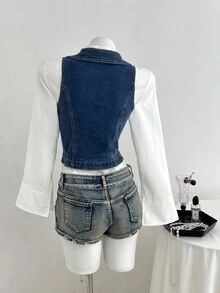 Elamini 女士休闲时尚街头翻领不对称下摆无袖单排扣牛仔衬衫，夏季 - 藍色 - 查看 2