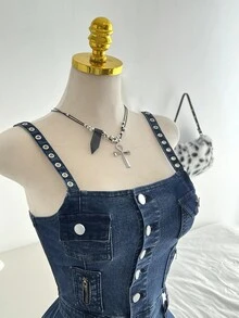 Elamini 女式单排扣拉链设计休闲牛仔连身裤 - 藍色 - 查看 4