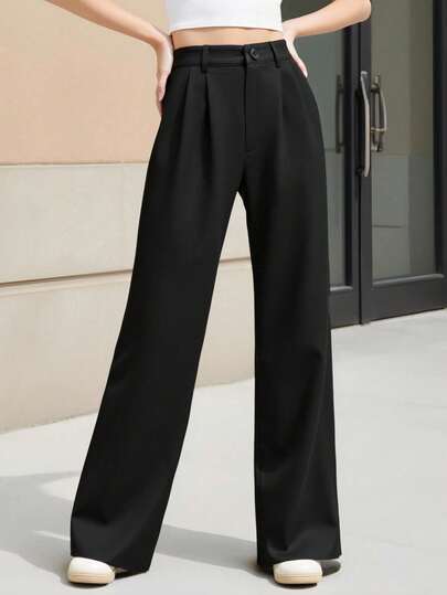 INAWLY 简约纯色百褶宽松直筒裤，适合日常穿着