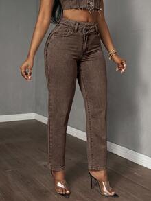 SHEIN Tall CURVE Quần jean ống côn cạp trễ bất đối xứng cho nữ cỡ lớn - Cà phê nâu - Xem 4