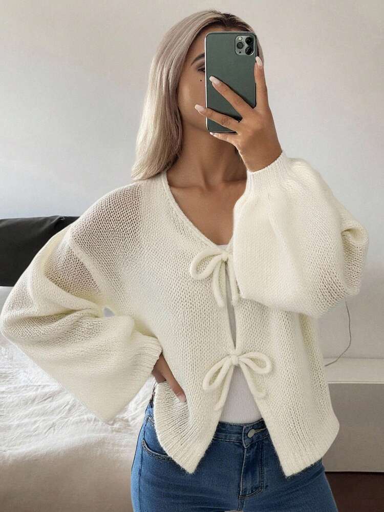 Women's Bowknot V-Neck Loose Casual Soft Cardigan, New Style For Autumn/Winter