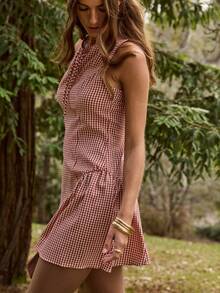 Aralina Women's Red And White Plaid Summer Cottage Core Picnic Mini Dress Casual Gingham Fit And Flare Tie Up Front Corset Detail At Back Halloween Outfits - Multicolor - View 4