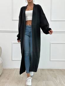 SHEIN Tall Dual Pocket Drop Shoulder Open Front Black Cardigan - Black - View 6