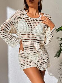 SHEIN Swim Summer Beach Hollow Out Drop Shoulder Cover Up Without Bikini