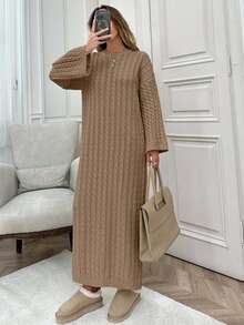 EURMUSE Women Cable Knitting Maxi Sweater Dress - Camel - View 6