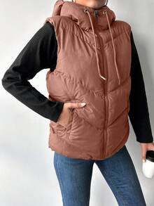 EURMUSE Women's Solid Color Zipper Front Drawstring Hooded Vest, Regular Fit Winter Jacket - Coral Pink - View 4