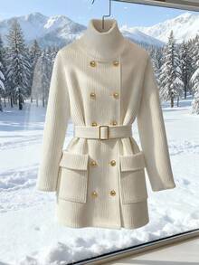 GlowEve Jaket Wanita Polos Kancing Ganda dengan Sabuk dan Kerah Tinggi, Lengan Panjang, Model Reguler - Putih - View 5