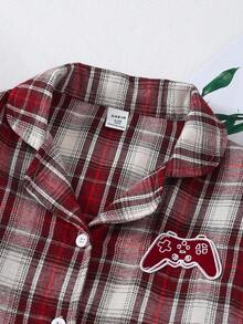 2pcs/Set Tween Boy Casual Plaid Long Sleeve Top And Loose Fit Pants Loungewear Set Fall Winter - Red - View 4