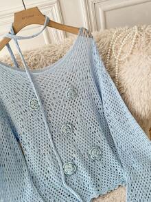 Modelyn Hollow-Out Casual Long Sleeve 3D Floral Decor Women Sweater, Suitable For Everyday Wear - Blue - View 2