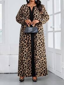 SHEIN Lady CURVE 大码V领长灯笼袖宽松时尚豹纹连衣裙 - 彩色 - 查看 3