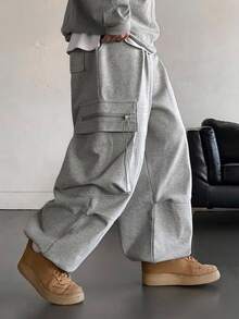 DAZY Men's Thermal-Lined Grey Utility Pocket Drawstring Hem Pullover Sweatshirt Set, Autumn/Winter - Grey - View 4