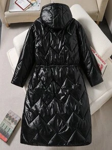Teen Girl Black Winter Casual Fashionable Hooded Padded Coat,Shiny Pleated Woven Fabric,Unique Cinched Waist Design,Loose & Comfortable,Daily Commute - Black - View 2