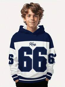 SHEIN Tween Boy Casual Loose Comfortable Baseball Culture Patchwork Pattern, Digit 66 & King Text Graphic Print Long Sleeve Hoodie, Suitable For Autumn/Winter