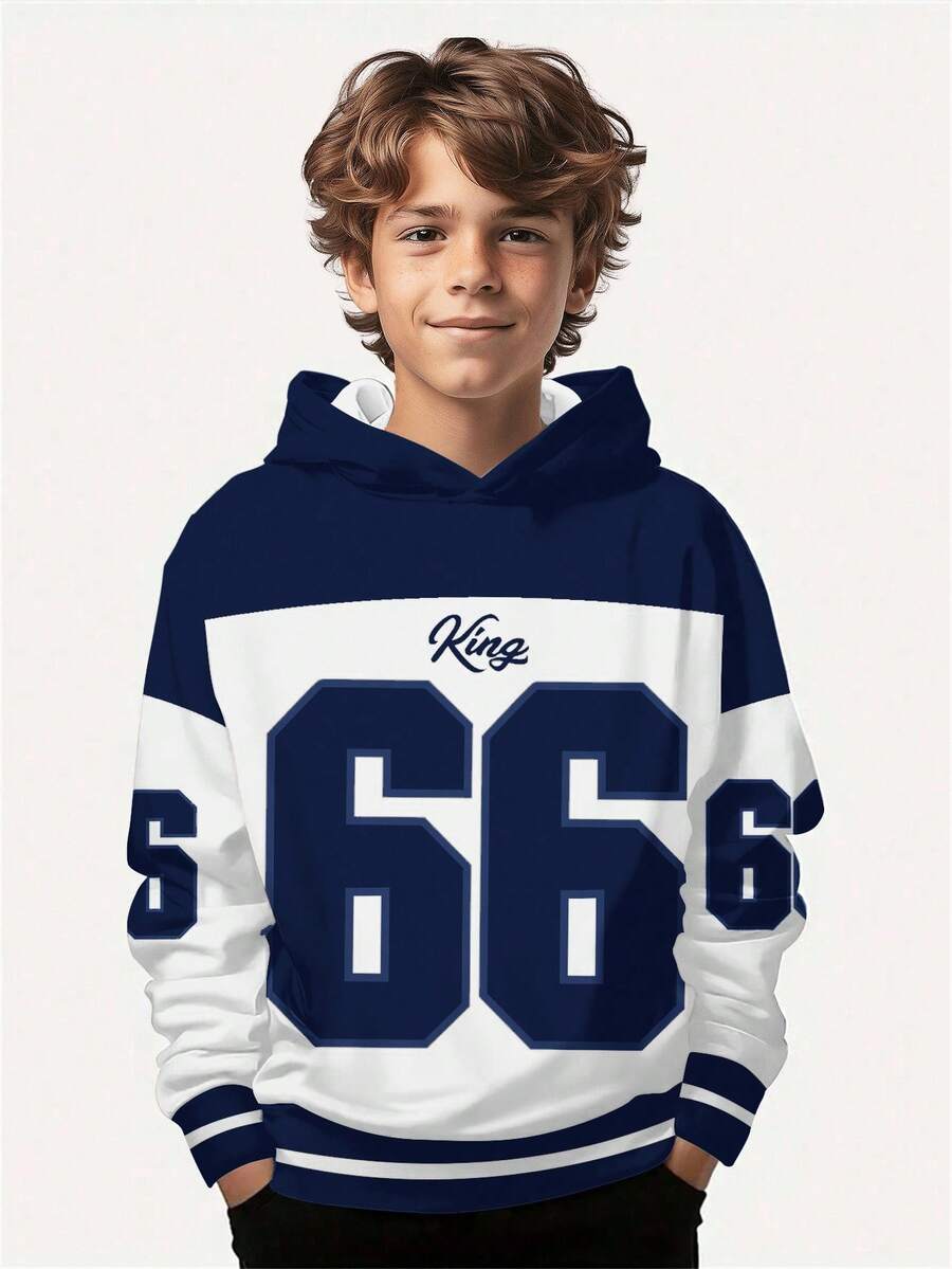 SHEIN Tween Boy Casual Loose Comfortable Baseball Culture Patchwork Pattern, Digit 66 & King Text Graphic Print Long Sleeve Hoodie, Suitable For Autumn/Winter