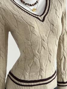 Elamini Women's Striped Long Sleeve Casual Versatile Twist Knit V-Neck Sweater, Autumn/Winter - Multicolor - View 4