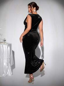 Firerie 大码女式无袖金属扣装饰垂坠领中长连衣裙，百搭性感优雅，适合通勤、度假、时尚、春夏季，适合通勤、优雅、性感、度假、海滩、夏威夷、婚礼季、毕业典礼、舞会 - 黑色 - 查看 2