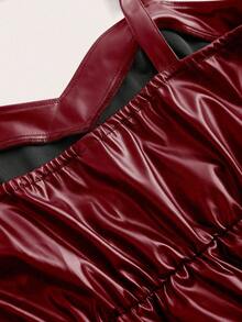 Sweetra 加大码无袖可调节绑带 A 字形松紧腰连衣裙，适合冬季 PU 皮革女装 - 酒紅色 - 查看 5