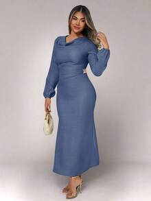 Xyvia Đầm dài cổ xếp ly khóa kim loại cho nữ - Rửa nhẹ - Xem 3