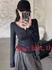 DAZY Women Casual Stripe Fitted Half-Zip Collar Long Sleeve T-Shirt,Fall Clothes