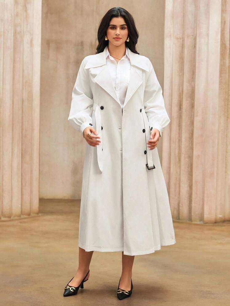 Roveilla 大码女式纯色翻领长袖双排扣口袋优雅风衣 - 白色 - 查看 5