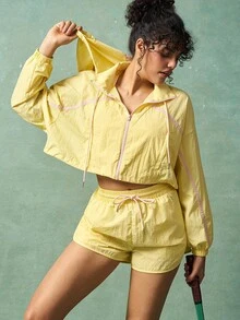 VARSIVA 2pcs/Set Women Casual Loose Long Sleeve Top And Drawstring Shorts Sportswear Set Yellow Two Piece Set Jacket And Shorts Set Yellow Shorts Women Yellow Activewear Two Piece Set Women Summer - Multicolor - View 4