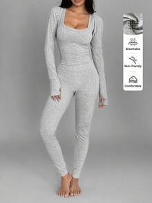 FavEase 2pcs Women's Tight-Fitting Crop Top And Skinny Jumpsuit Solid Color Workout Outfit, Fashionable Activewear Set