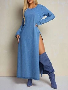 Slaydiva 大码女式圆领长袖休闲宽松牛仔连衣裙，侧开衩下摆