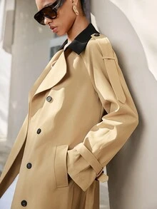 Lumivelle 女士时尚英伦风格撞色领扣长款风衣 - 卡其色 - 查看 1