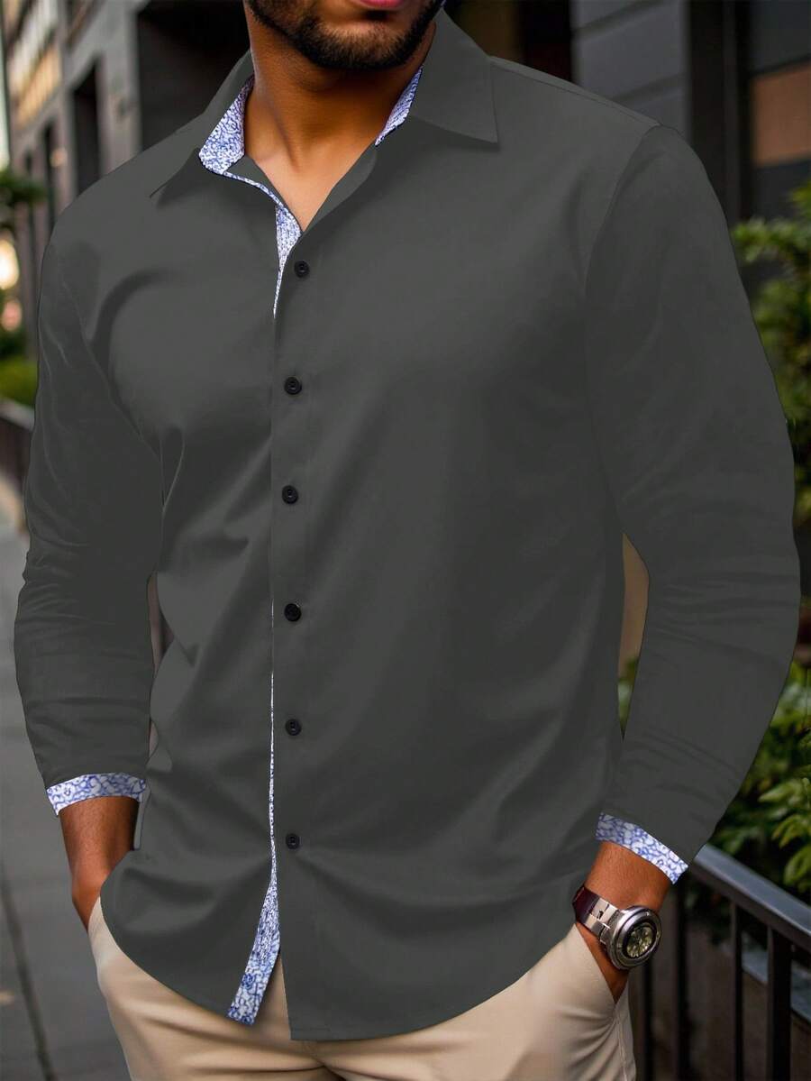 Manfinity Homme Camisa casual de talla grande para hombre con estampado de retazos, para otoño, manga larga - Gris Oscuro - Ver 1