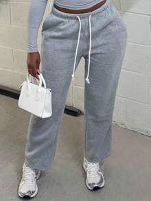 Alexandranx Women's Low-Waist Drawstring Looped Waist Slant Pocket Straight Leg Wide-Leg Sweatpants, Fashionable Minimalist Casual Everyday Wear, Suitable For Petite, Spring/Autumn Graduation,Back To School Outfits,Graduation,Teacher Outfits For Women,Back To School - Grey - View 1