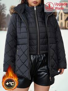 SHEIN Clasi Plus Size Minimalist Quilted 2 In 1 Hooded Padded Coat With Fur Collar Women Puffer Jacket Women Winter Coat Women Quilted Jacket Faux Fur Hooded Jacket Women Outerwear Multifunctional Warm Jacket Old Money Style High Collar Winter Jacket With Fur Collar Winter Clothes Fall Clothes For Women 2025 Autumn And Winter New Style Comfortable And Warm Halloween Costumes Christmas New Year With Pocket With Detachable Fur Collar With Fur Collar