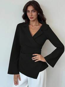 Aloruh Women's Solid Color Wrap Flare Sleeve Blouse, Suitable For Commuting,Black Tops - Black - View 7