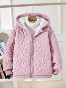 SHEIN Casaco Acolchoado com Capuz Casual Versátil e Fofo para Meninas, Design Acolchoado Floral, Punhos Canelados Rosas, Adequado para Escola, Transporte, Passeio, Caminhada, Adequado para as Estações de Outono/Inverno, Pode Ser Combinado com Suéteres de Manga Longa e Calças - Rosa chiclete - Visão 3
