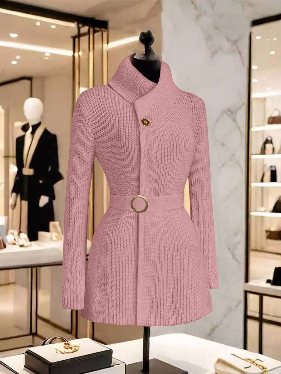 GlowEve 女式纯色长袖休闲开衫，腰部设计，秋冬 - 淺粉色 - 查看 1