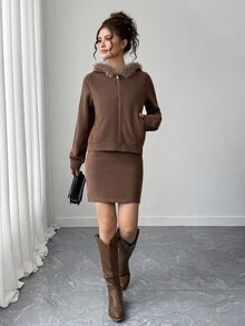 2 件套青少年女孩毛衣连帽夹克和紧身迷你裙套装，秋季时尚套装 - 灰色 - 查看 1