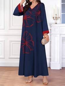 SHEIN Najma 女式复古红线花卉数码印花 V 领长袖优雅阿拉伯连衣裙，春秋 - 彩色 - 查看 3