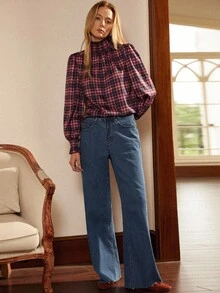 Écloséra 法国复古格纹印花圣诞百搭优雅浪漫衬衫，女士秋冬衬衫 - 彩色 - 查看 2