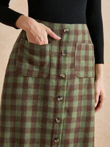 Écloséra 女士格纹中长款A字裙，带前口袋，适合秋冬季外出 - 綠色 - 查看 5
