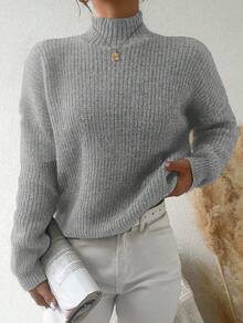 EURMUSE Women's Stand Collar Drop Shoulder Sweater - Grey - View 4