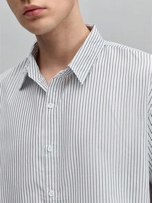 Officeau Men's Black Striped Formal Shirt, Gentlemanly & Simple Striped Long Sleeve Shirt, Slim Fit, Suitable For Business, Casual Wear In Spring/Autumn/Summer, Fall Old Money Men's Dress Shirt Spring To Summer - Black and White - View 5