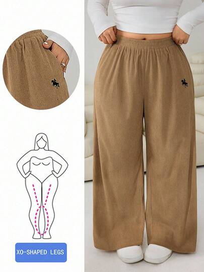 Solflare Pantalones de pierna ancha con detalles bordados, versátiles y casuales para tallas grandes