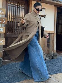 Dazy Plus Thick Woolen Fabric Solid Color Loose Casual Double-Breasted Belt Decor Long Coat, Plus Size Women Autumn/Winter Outerwear