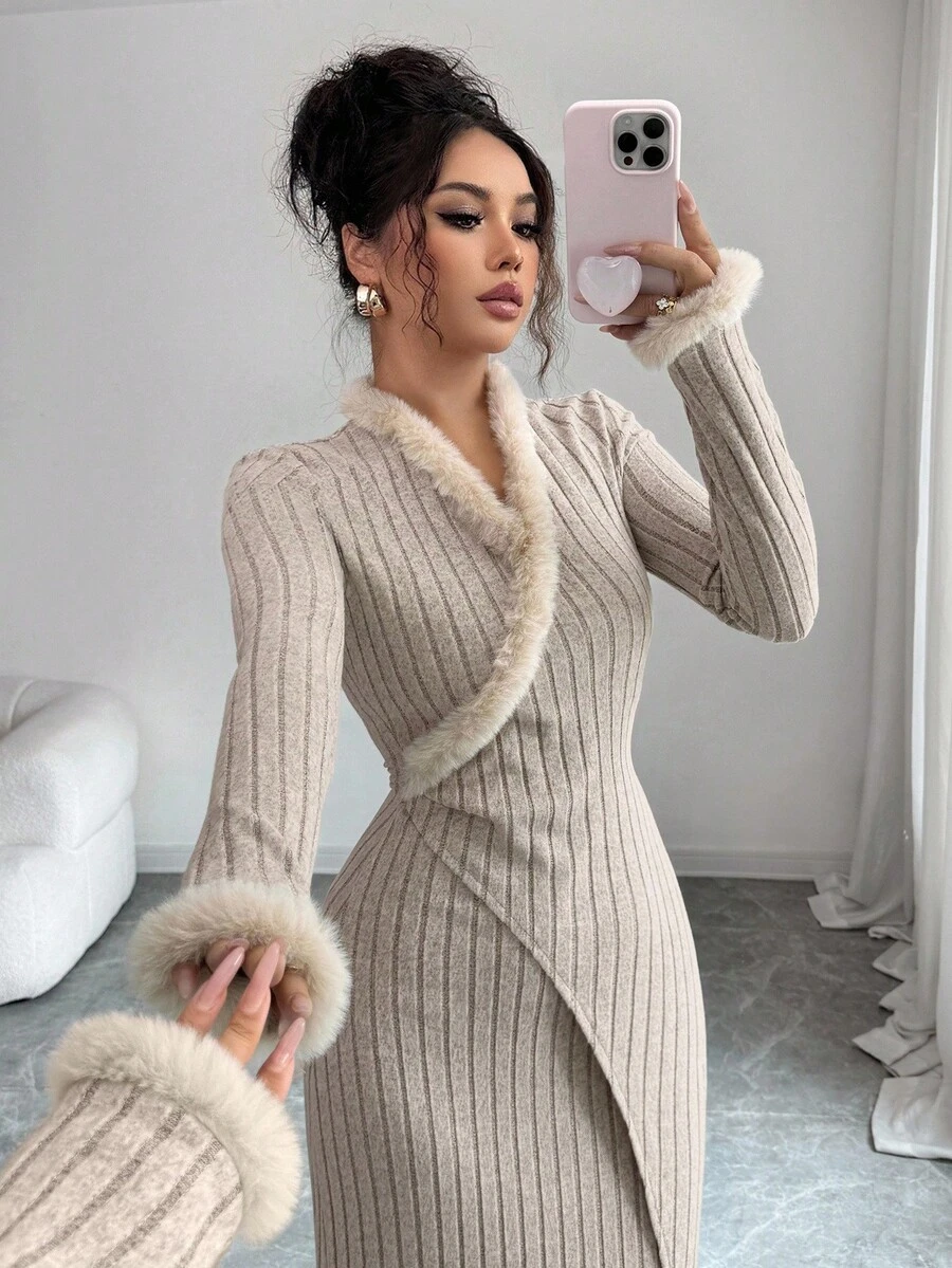 Elenzga 女士优雅时尚通勤休闲舒适迷人复古温柔浪漫长袖拼接毛绒袖口和领口装饰腰部修身纯色连衣裙 - 杏色 - 查看 1