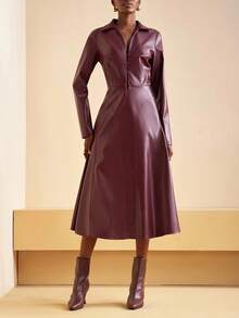 Zivah 2025秋季新品，适合生日派对，聚会，宴会，返校季，学院风，学生装，日常外出，基础百搭，休闲，邮轮旅行，潮流趋势，街头服饰，优雅，通勤，商务休闲，衬衫领，深V领长袖，A字腰，深紫红色PU，秋季中长连衣裙，女装 - 中紫紅色 - 查看 6