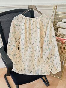 SHEIN Clasi Camisa Feminina Casual Solta de Manga Longa Versátil com Amarração na Frente, Plus Size - Damasco - Visão 2