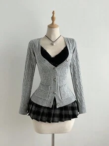 Elamini Áo khoác cardigan dệt kim dài tay bó sát màu trơn có túi dành cho nữ, mùa thu - Xám - Xem 5