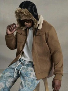PAVTROS Men's Faux Shearling Lined Thermal Lined Jacket, Warm Collar Coat, Going Out Long Sleeve Jacket, For Friends, Husband, Boyfriend Gifts - Brown - View 5